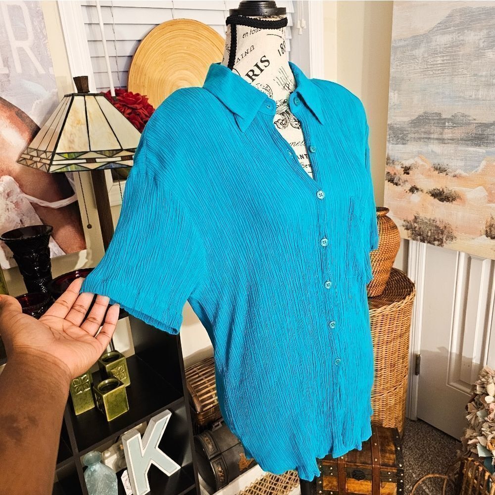 Vtg Melrose Rayon Blend Teal Ribbed Button Front Casual Blouse.